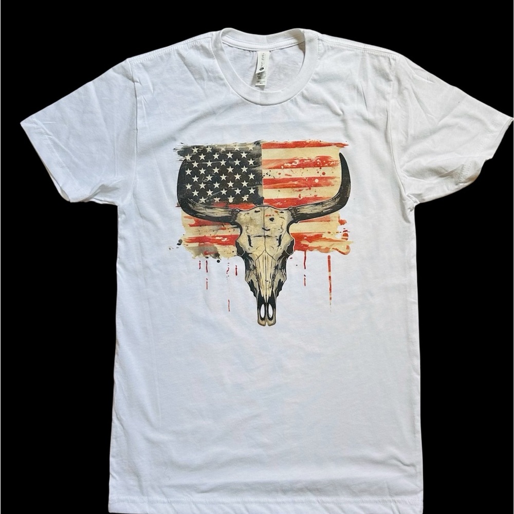 White T-Shirt with American Flag and Bull Skull Design